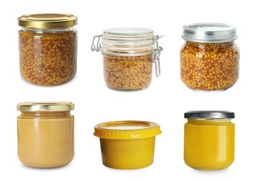 Image of Different mustard sauces in jars isolated on white, set