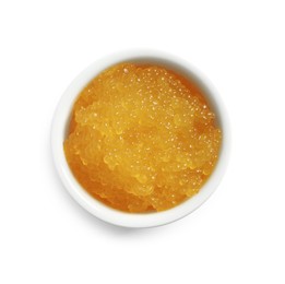 Photo of Fresh pike caviar in bowl isolated on white, top view