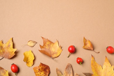 Photo of Flat lay composition with autumn leaves on beige background, space for text