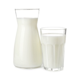 Photo of Glass and cruet with fresh milk on white background