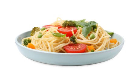 Plate of delicious pasta primavera isolated on white