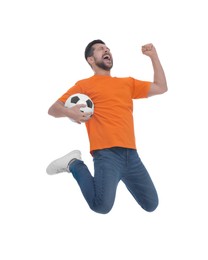 Photo of Emotional sports fan with ball jumping on white background