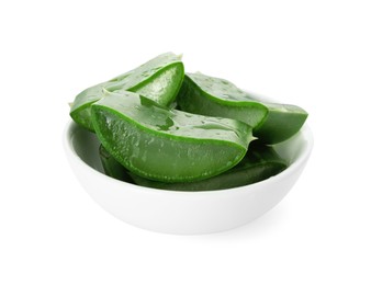 Photo of Green aloe vera slices in bowl isolated on white