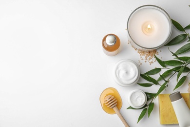 Photo of Flat lay composition with different body care products and space for text on white background