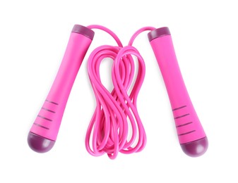 Photo of Pink skipping rope isolated on white, top view