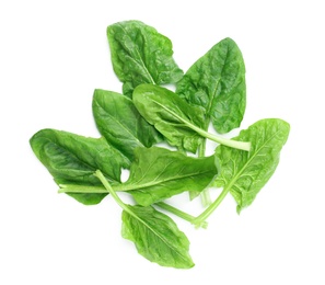 Photo of Pile of fresh spinach leaves isolated on white, top view