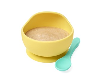 Photo of Tasty baby food in bowl and spoon isolated on white