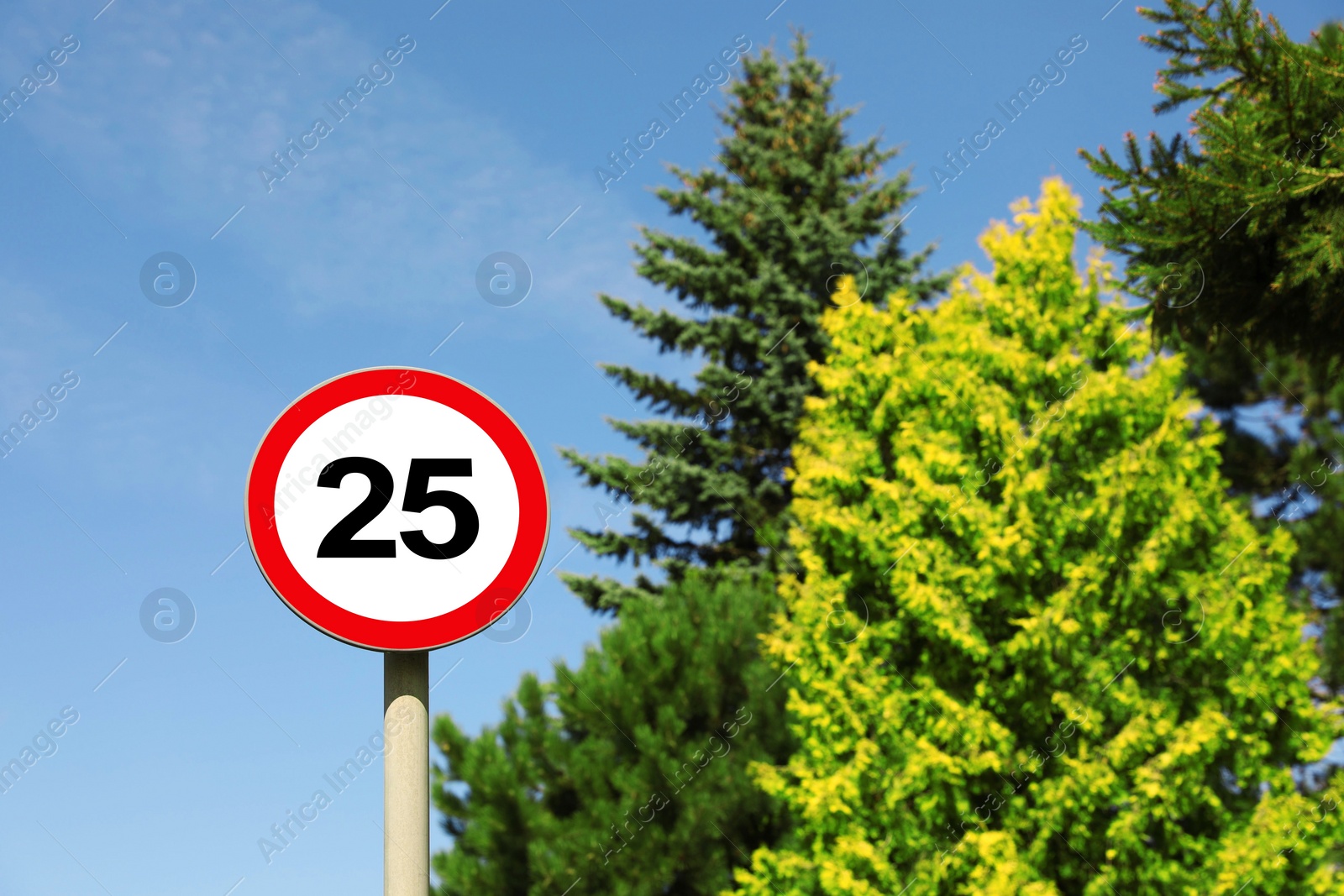 Image of Road sign Maximum speed limit against blue sky