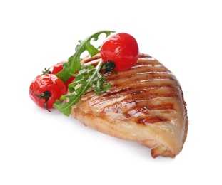 Photo of Tasty grilled chicken fillet with tomatoes and arugula isolated on white