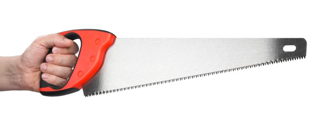 Photo of Man holding saw with colorful handle isolated on white, closeup