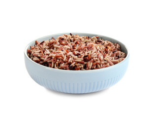 Photo of Delicious brown rice in bowl isolated on white