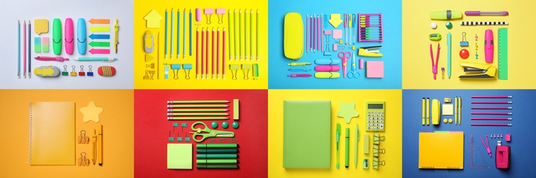 Image of Collage with photos of various school stationery on different color backgrounds, top view. Banner design