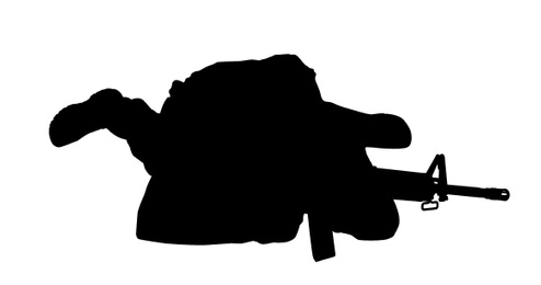 Image of Silhouette of military soldier with assault rifle on white background, banner. Military service