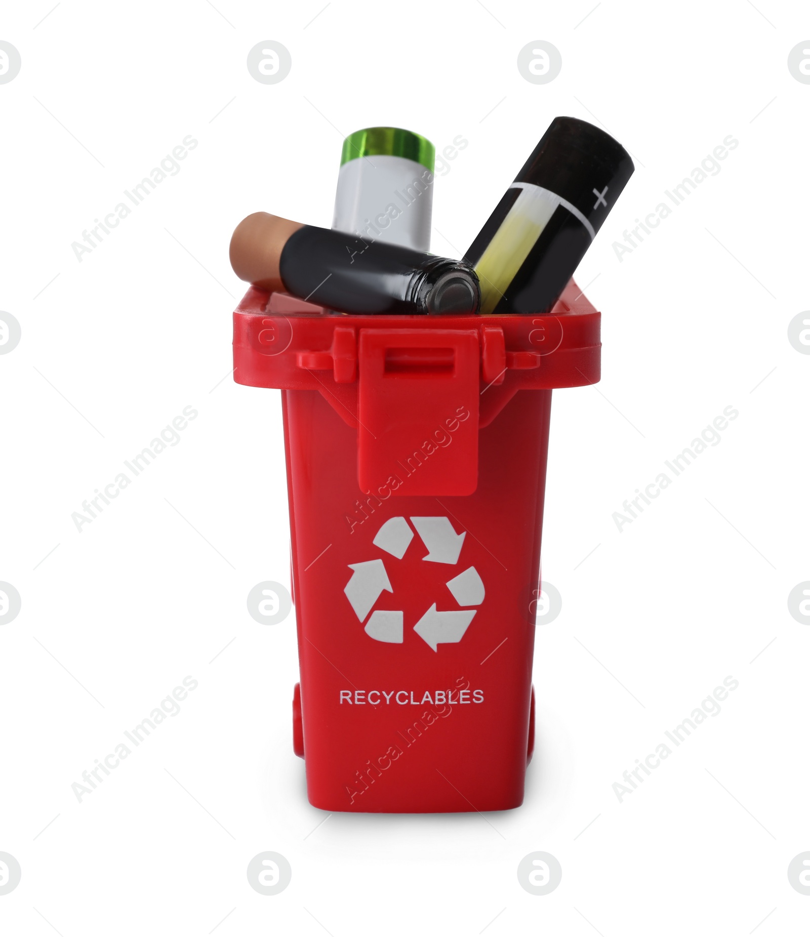 Image of Used batteries in recycling bin on white background