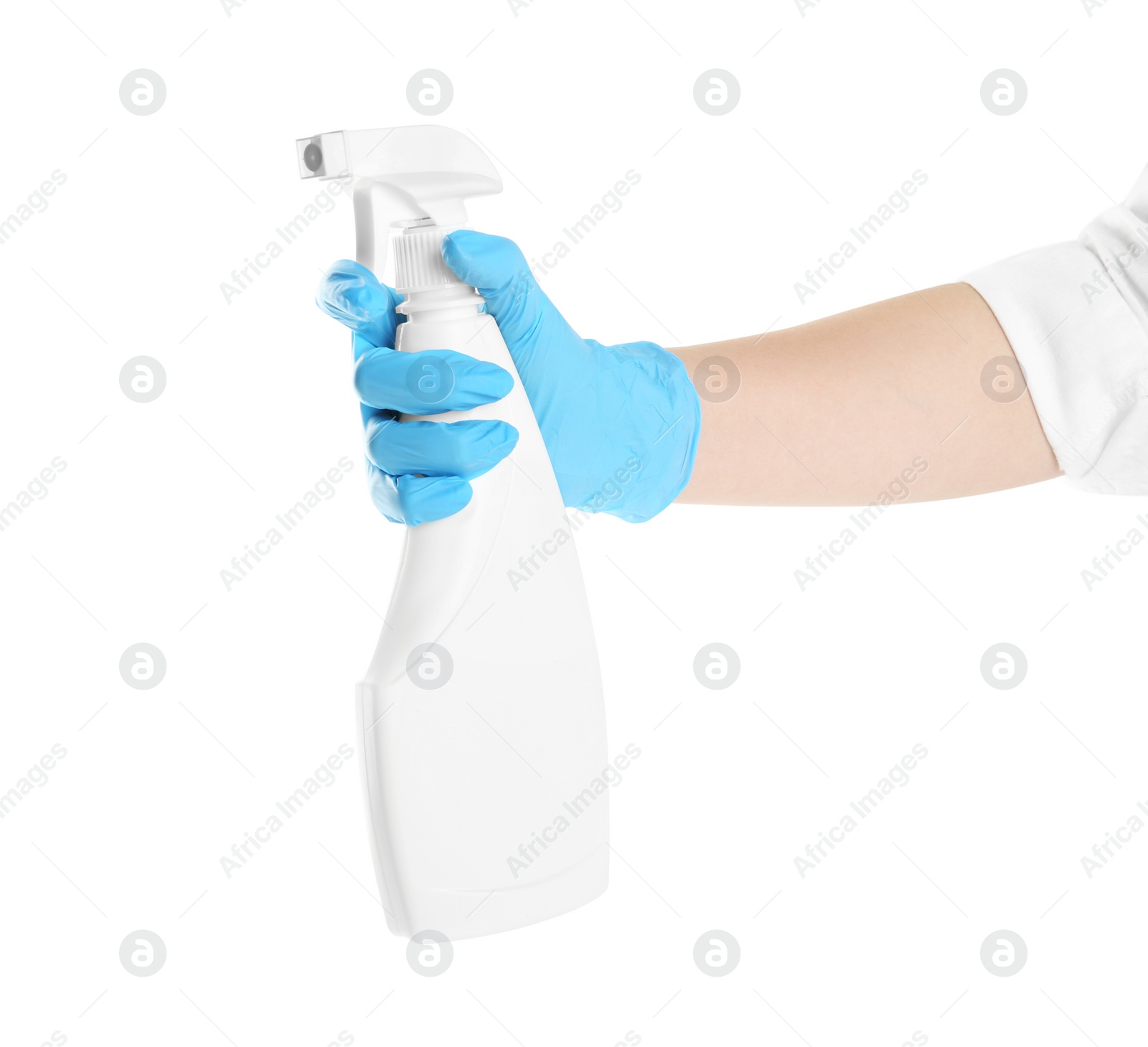 Photo of Woman in blue latex gloves with spray detergent on white background, closeup of hand