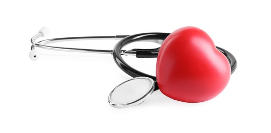 Photo of Stethoscope and red heart isolated on white