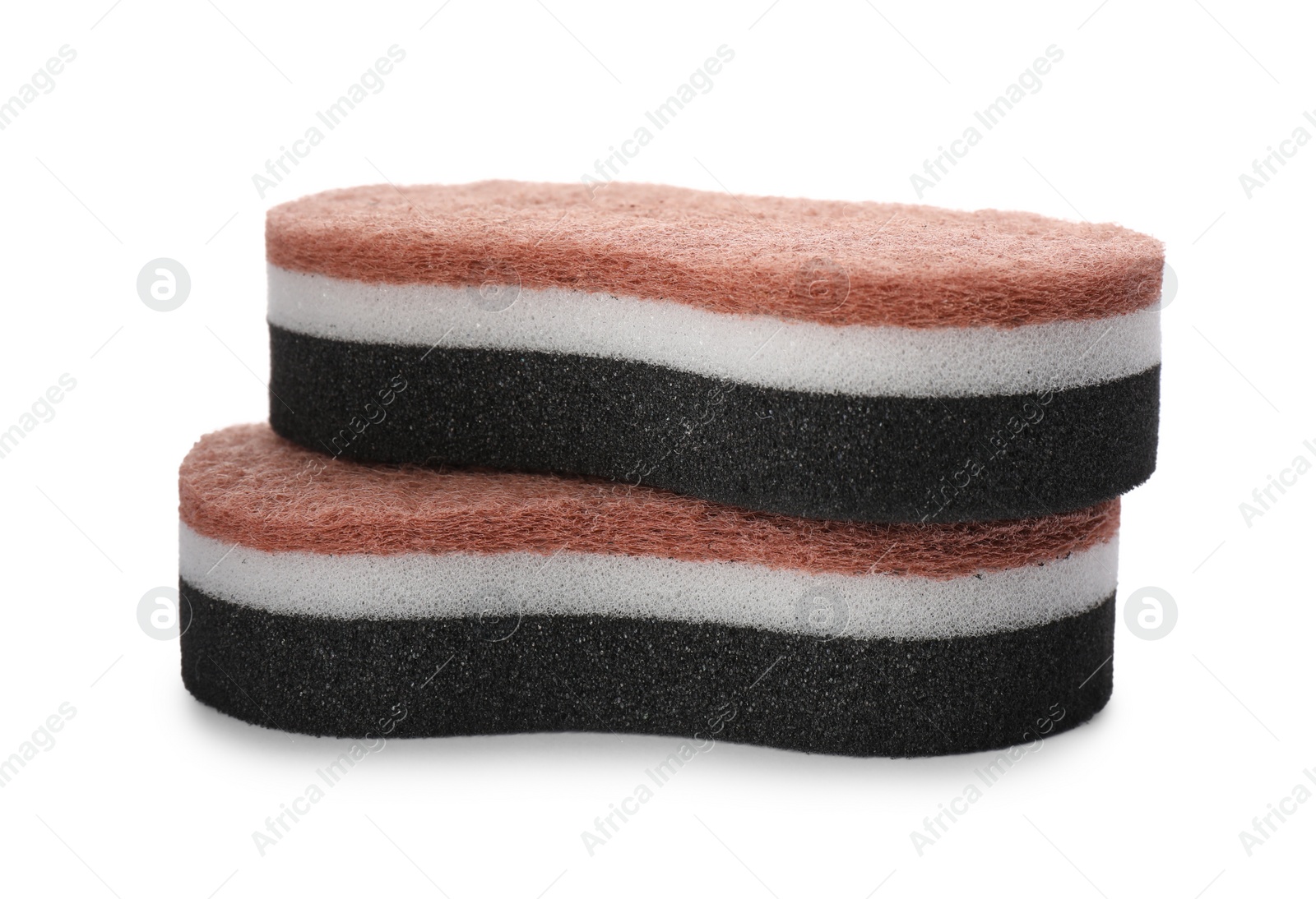 Photo of Layered cleaning sponges with abrasive scourers on white background