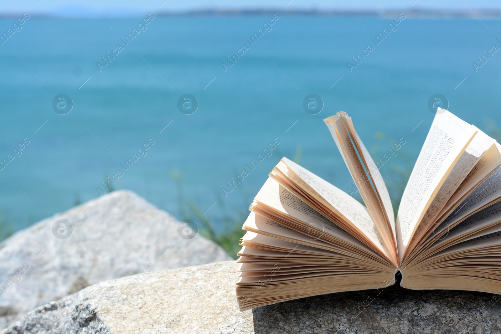 Photo of Open book on rock near sea. Space for text