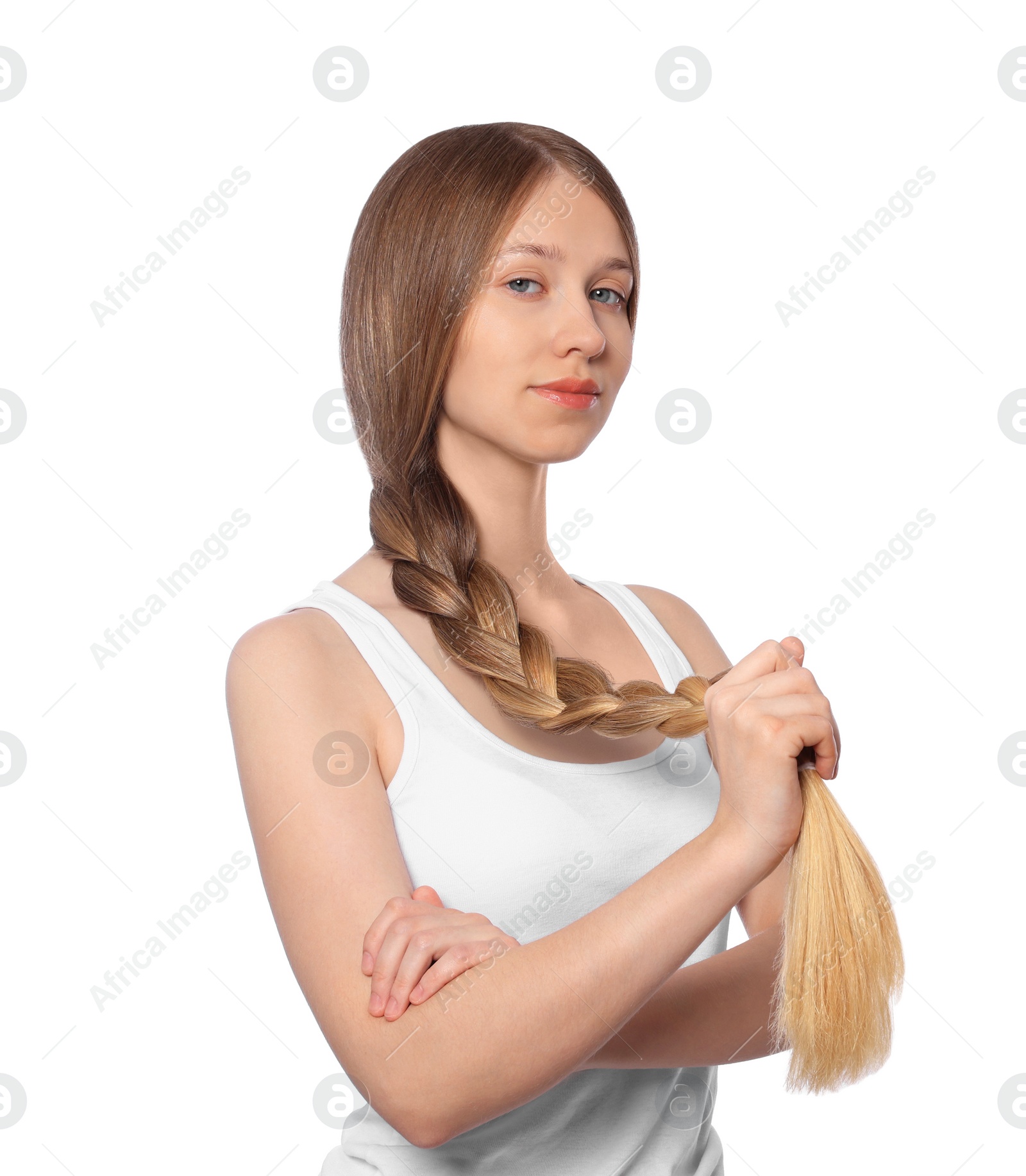 Photo of Teenage girl with strong healthy braided hair on white background