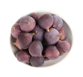 Photo of Whole tasty fresh figs in bowl on white background, top view