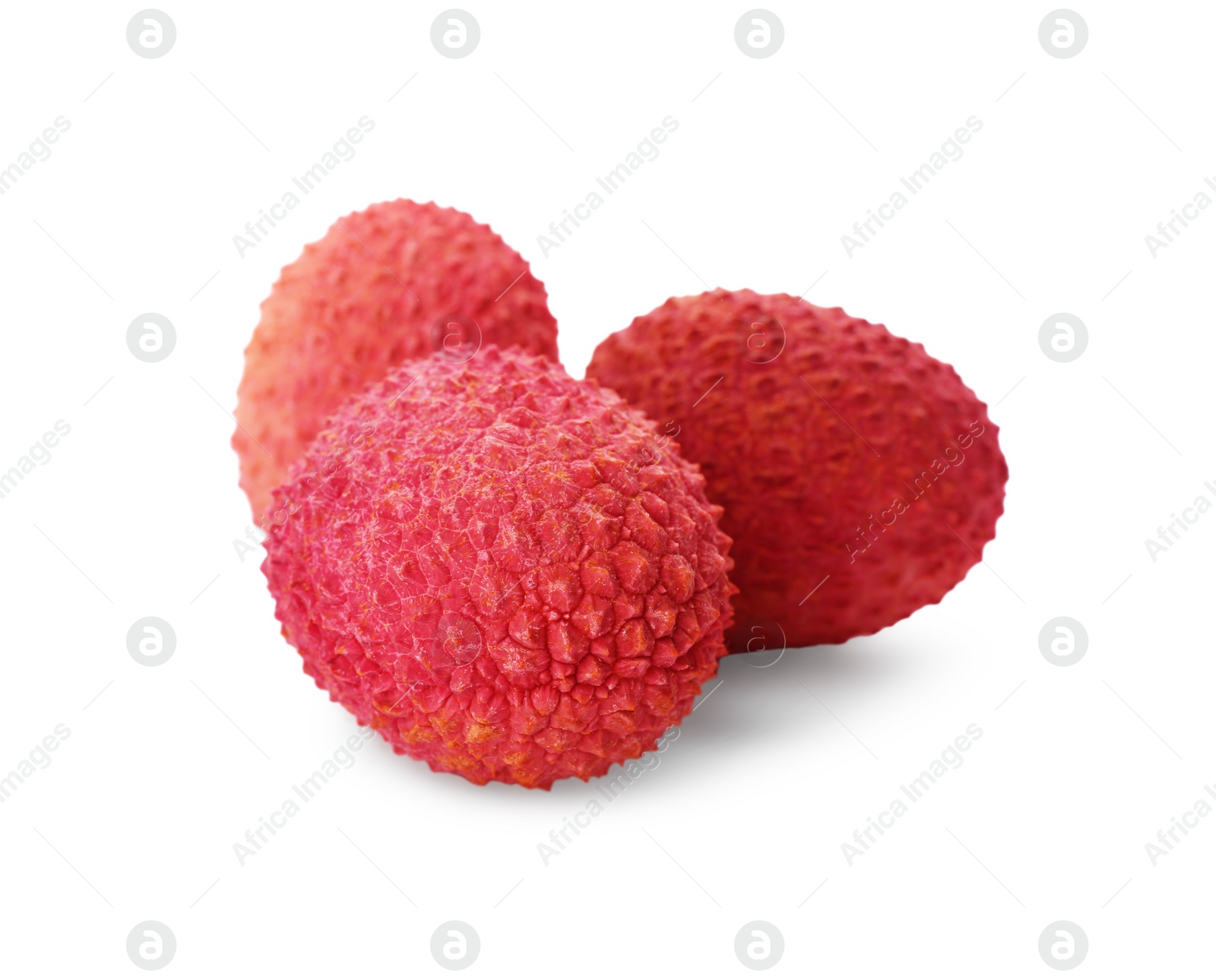 Photo of Fresh ripe lychees on white background, closeup. Exotic fruit