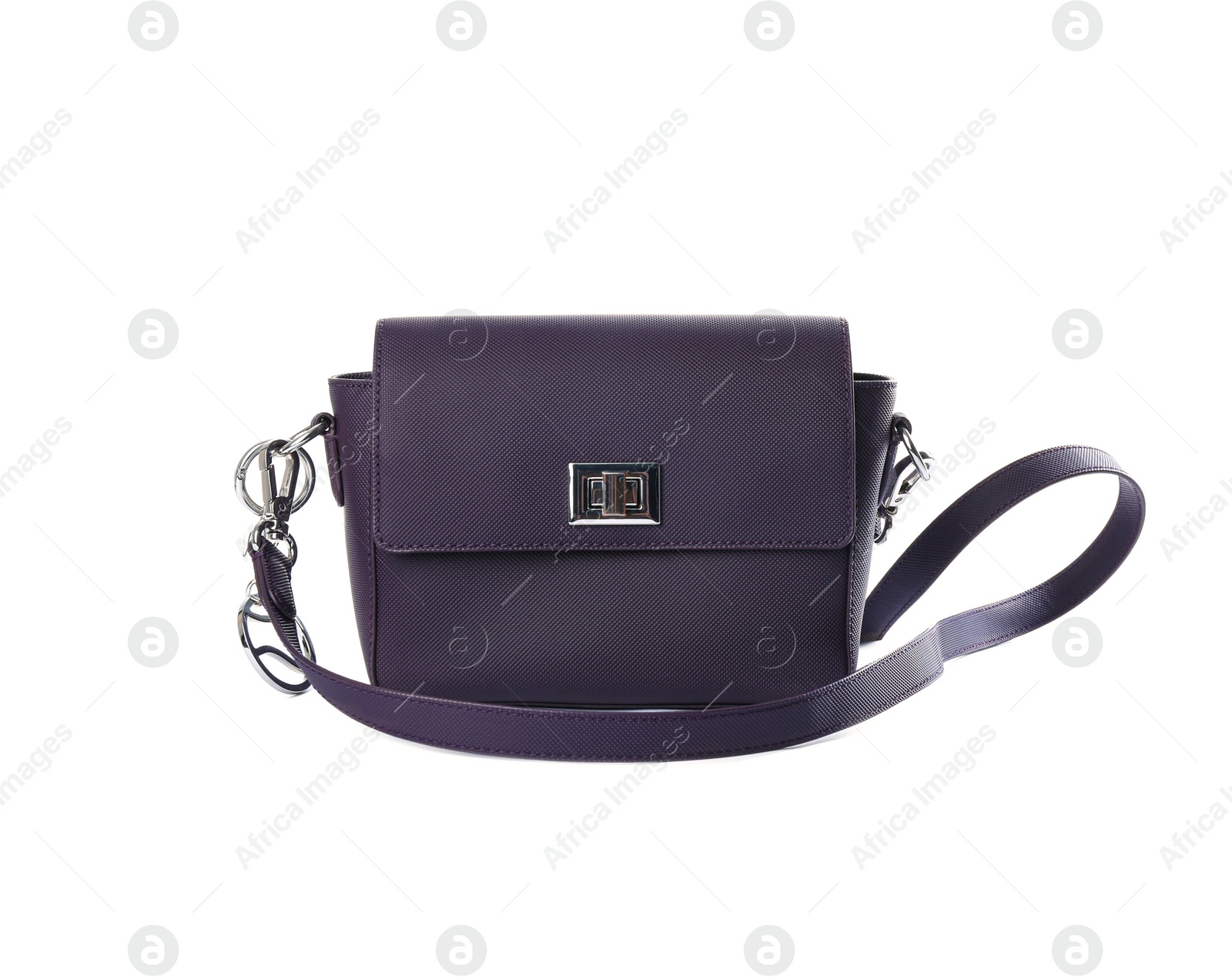 Photo of Stylish purple leather bag isolated on white
