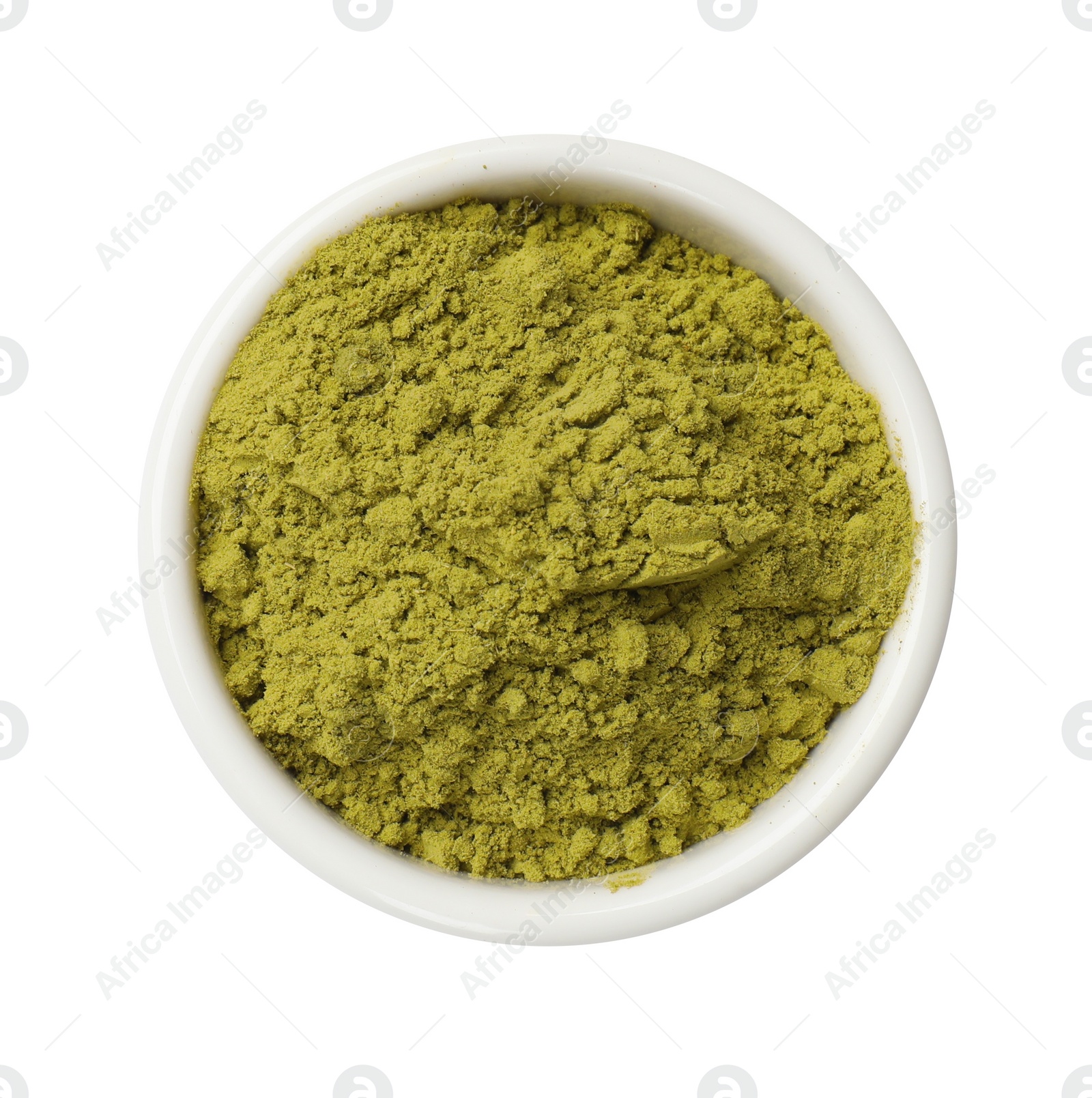 Photo of Henna powder in bowl isolated on white, top view