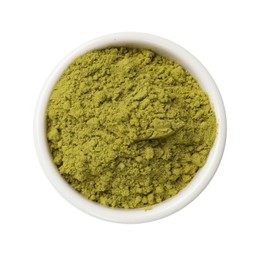 Photo of Henna powder in bowl isolated on white, top view