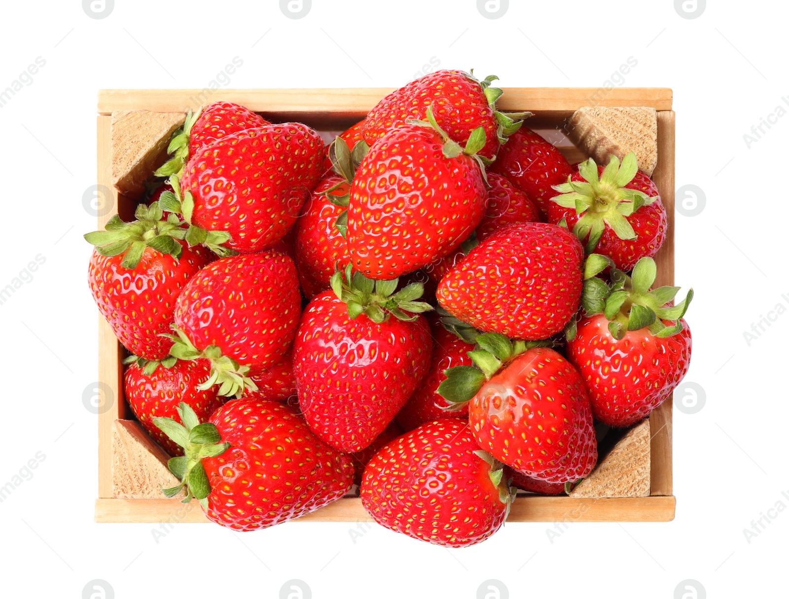 Photo of Fresh strawberries in wooden crate isolated on white, top view
