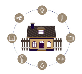 Image of Illustration of smart home technology with automatic systems and icons on white background