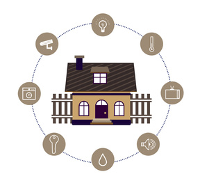 Illustration of smart home technology with automatic systems and icons on white background