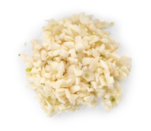 Photo of Pieces of fresh garlic isolated on white, top view