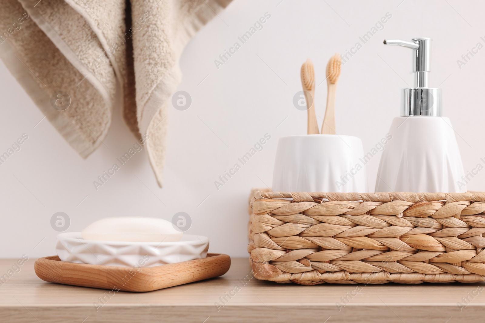 Photo of Different bath accessories and personal care products indoors