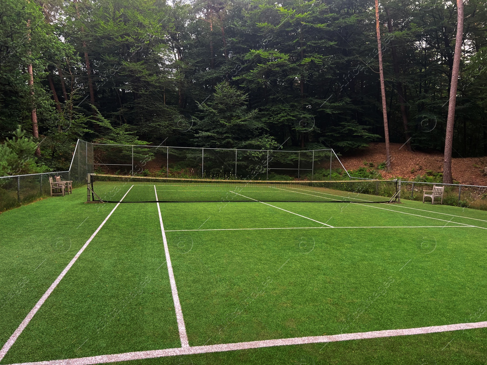 Photo of Tennis court with green grass and net outdoors