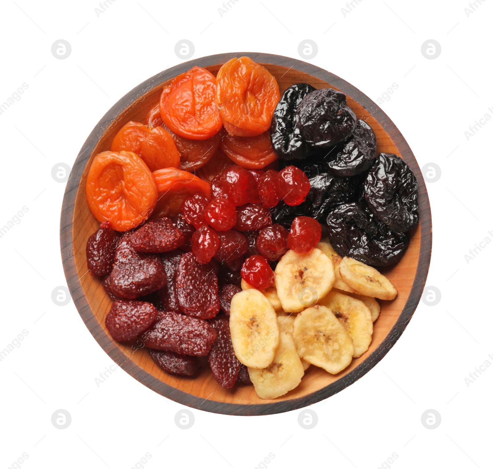 Photo of Mix of delicious dried fruits in bowl isolated on white, top view