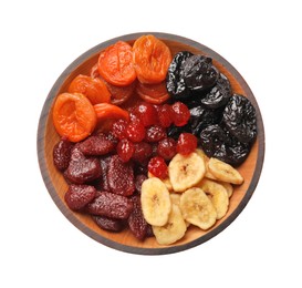 Photo of Mix of delicious dried fruits in bowl isolated on white, top view