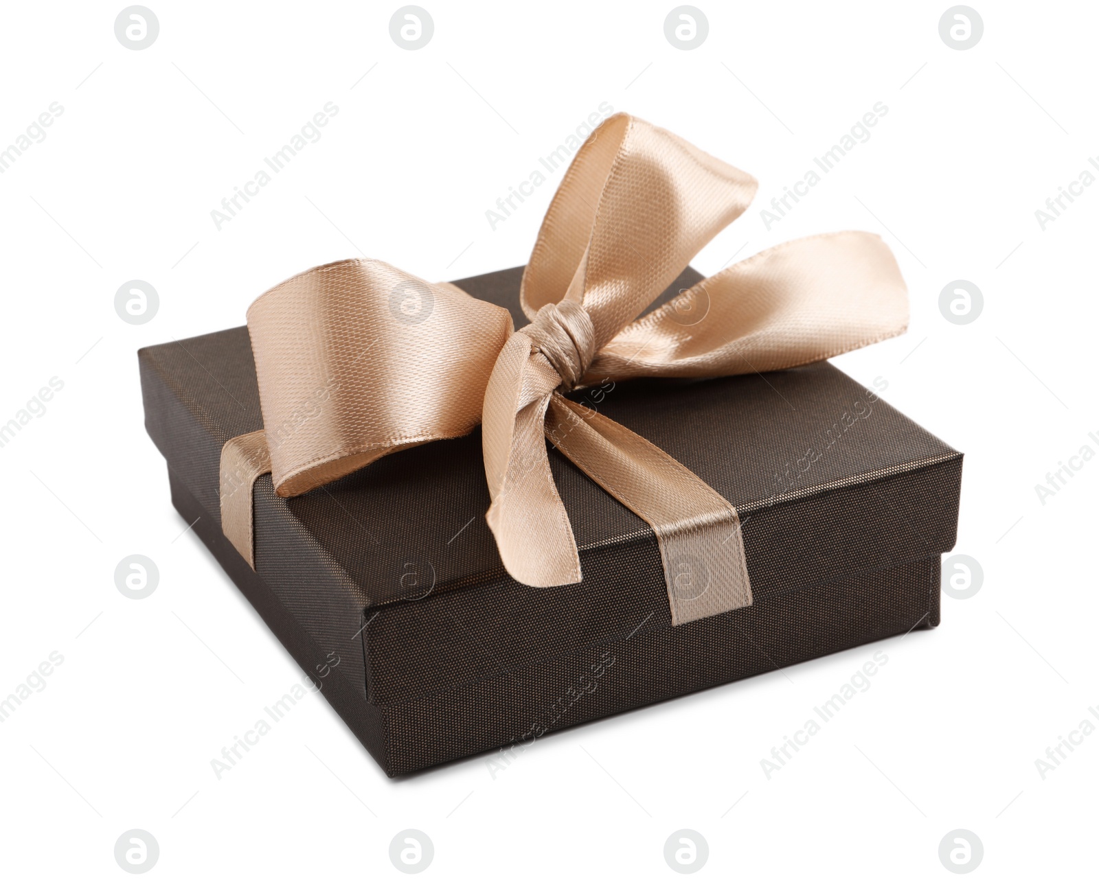 Photo of Dark gift box with golden bow on white background