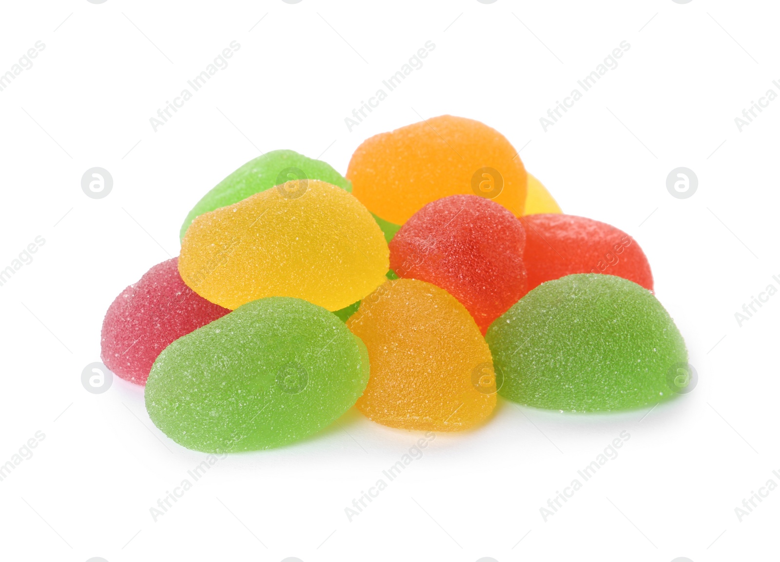 Photo of Pile of assorted jelly candies on white background