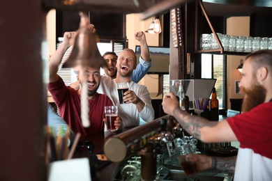 Photo of Friends drinking beer at counter in bar