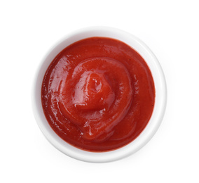 Photo of Tasty tomato sauce in bowl isolated on white, top view