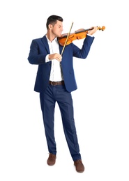 Photo of Happy man playing violin on white background