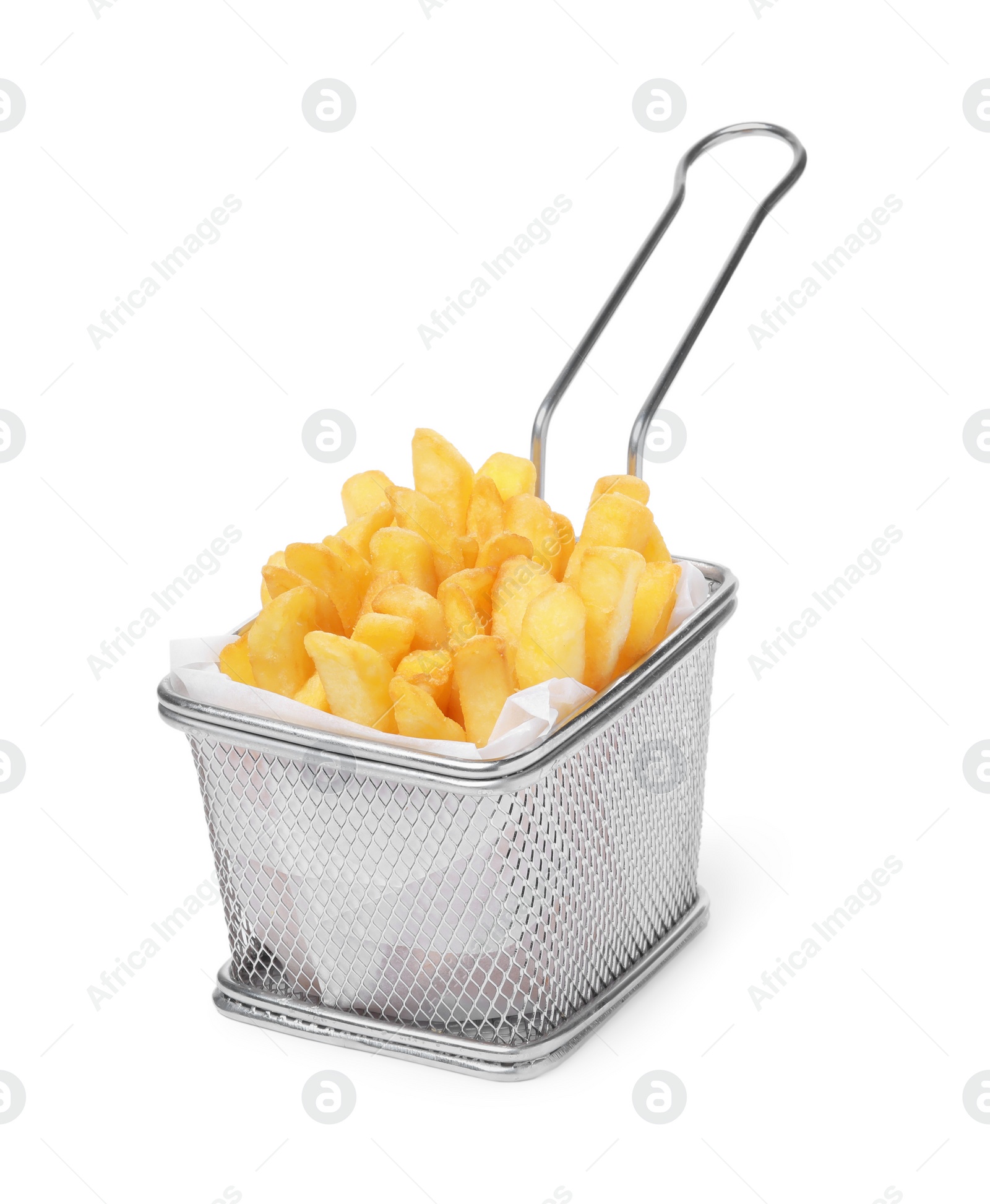 Photo of Delicious French fries in metal basket isolated on white