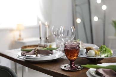 Festive Passover table setting at home. Pesach celebration