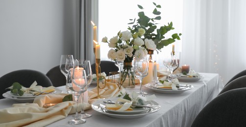 Image of Festive table setting with beautiful floral decor in restaurant. Banner design