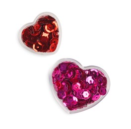 Colorful sequins in containers in shape of hearts on white background, top view