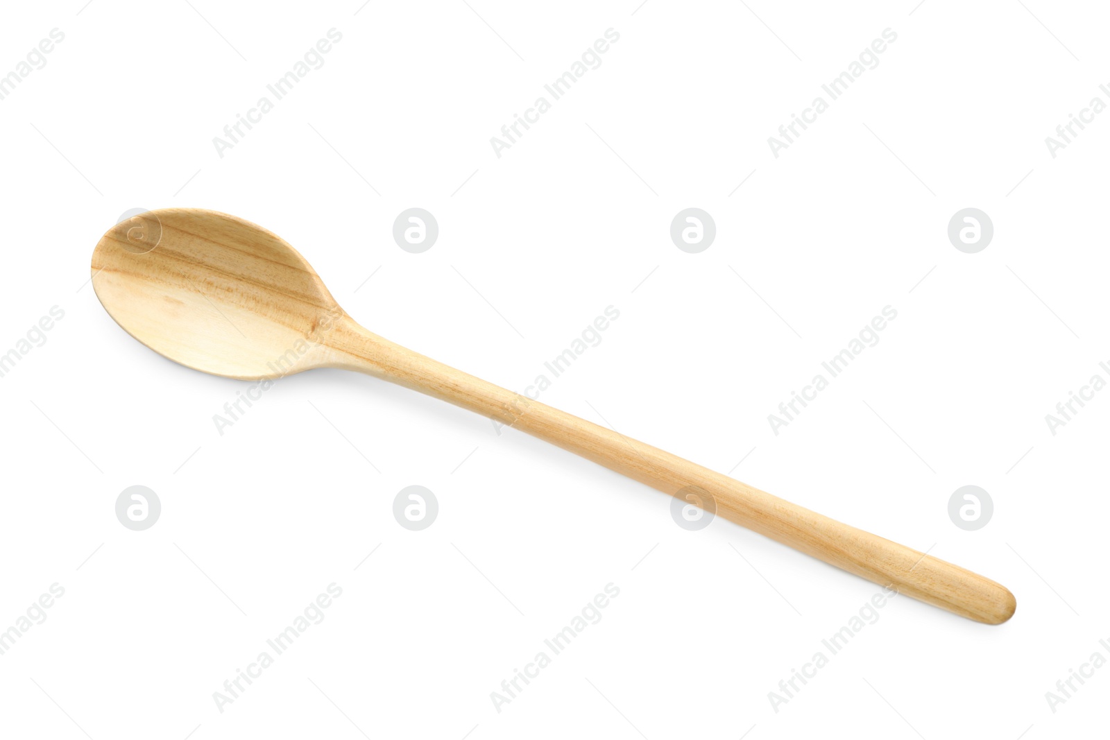 Photo of One empty wooden spoon isolated on white, top view