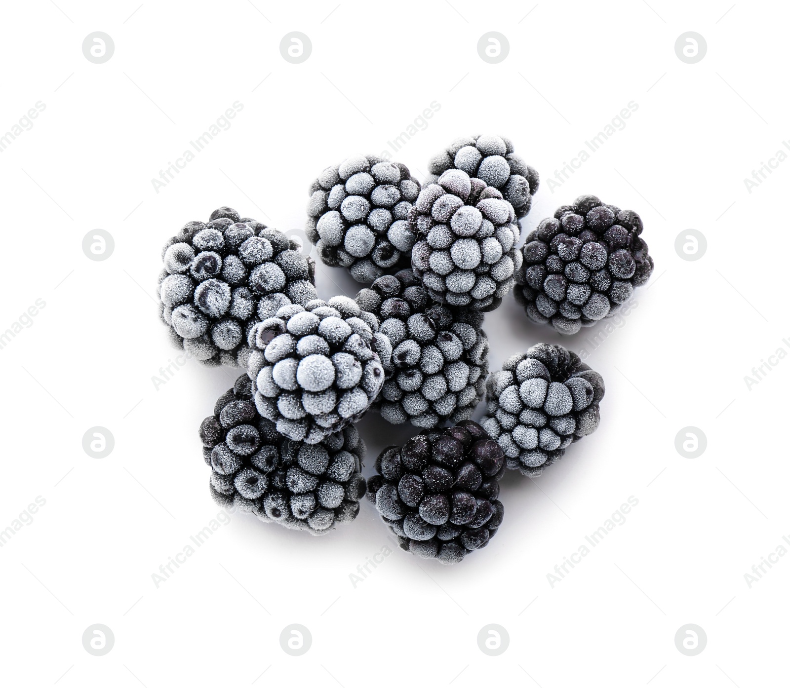 Photo of Heap of tasty frozen blackberries on white background, top view