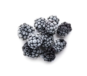 Heap of tasty frozen blackberries on white background, top view