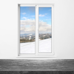 Image of Empty stone table and window with beautiful view indoors