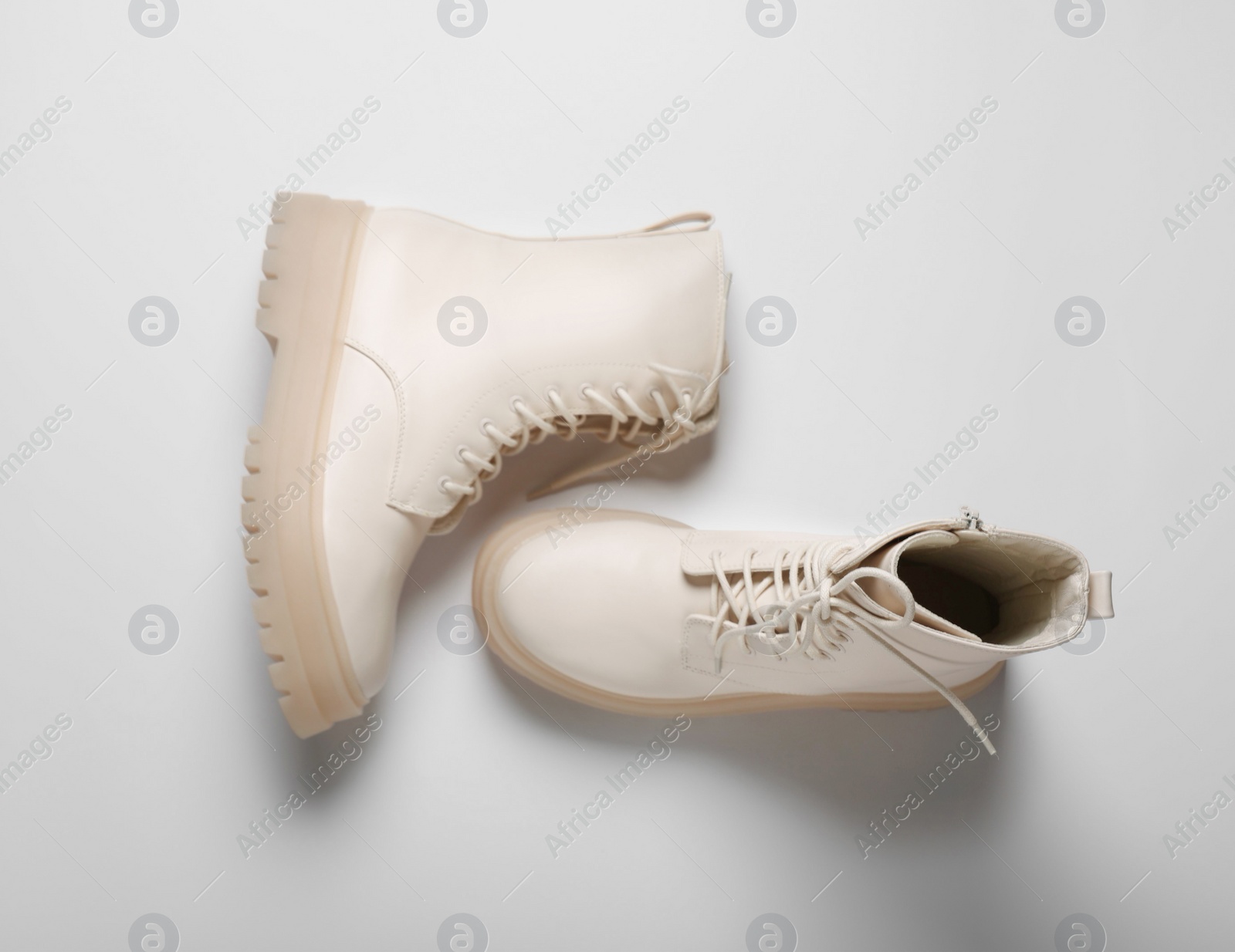 Photo of Pair of stylish leather shoes on white background, flat lay